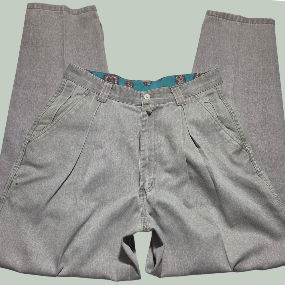 Vintage Bugle Boy Pleated Trousers Mens 31x31 Taupe Gray Twill Flap Pocket Pants